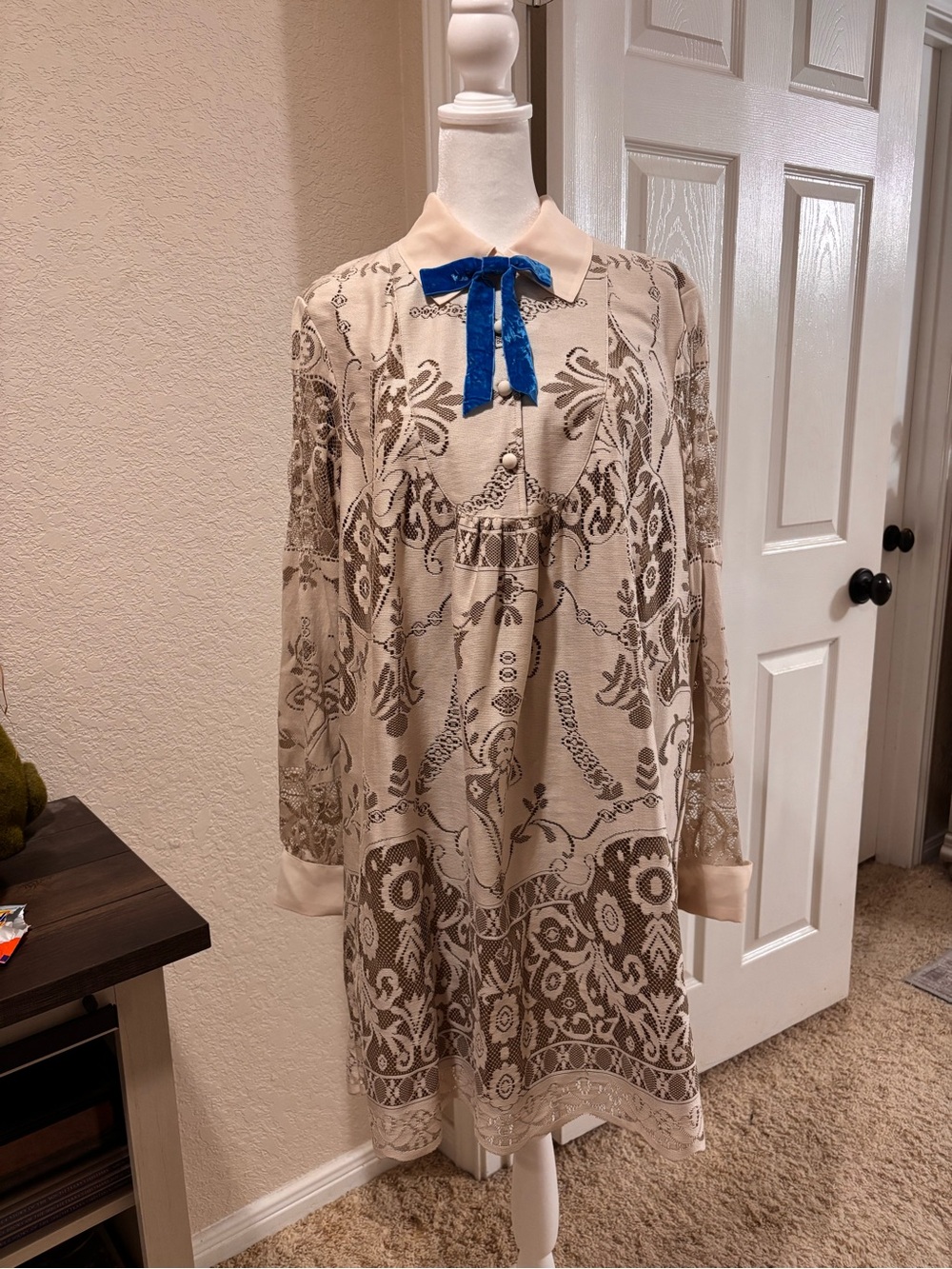 Anna Sui 20th anniversary collectCream and Taupe Printed Mini Dress with Bluebow